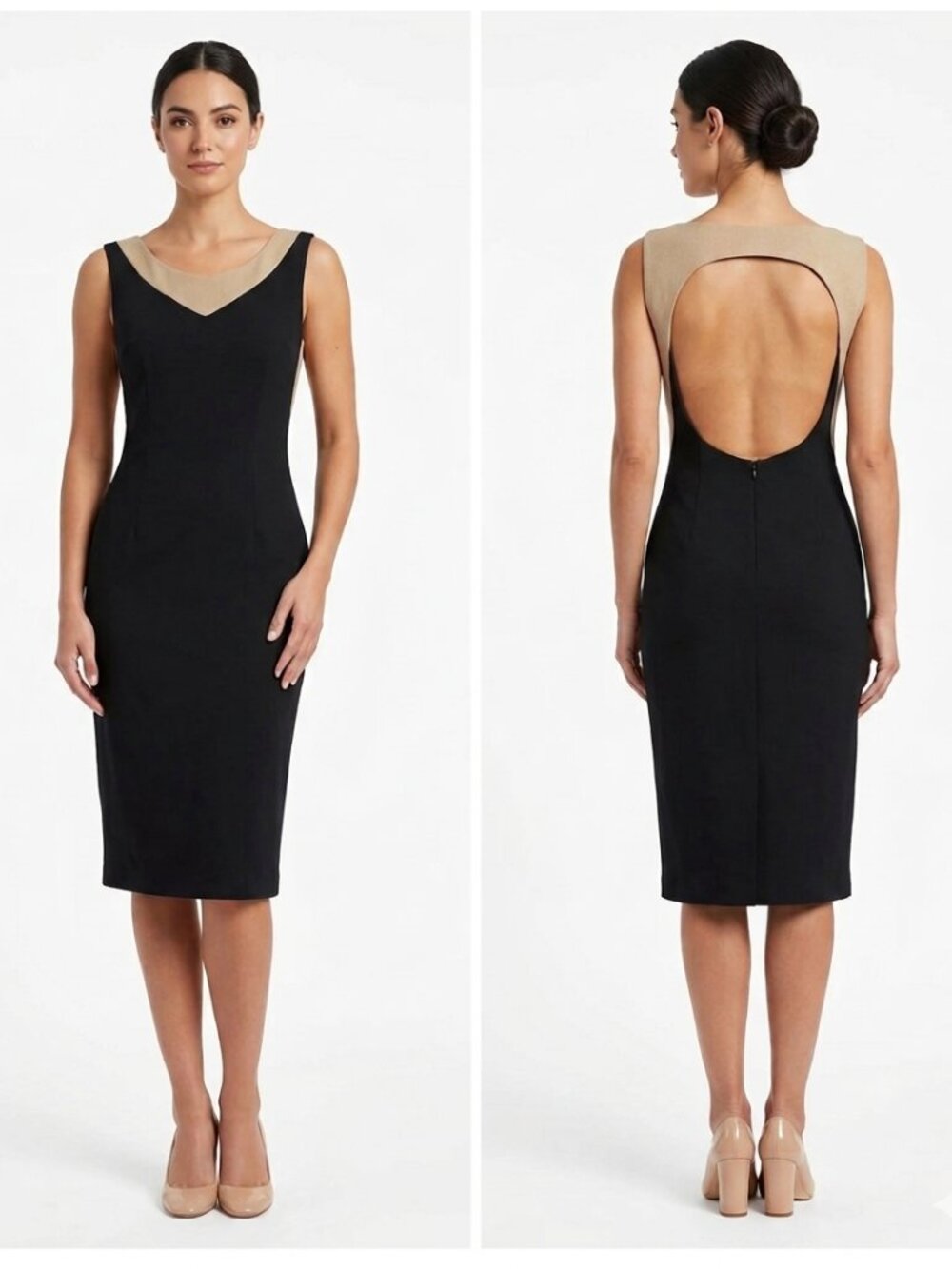 DES KOHAN DESIGNER BLACK BEIGE COWL NECK BACKLESS COLORBLOCK MIDI DRESS - 4